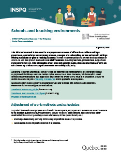 Schools and teaching environments - COVID-19 Preventive Measures in the Workplace