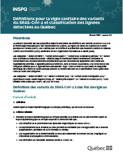 Définitions pour la vigie sanitaire des variants du SRAS-CoV-2 et classification des lignées détecté(e)s au Québec