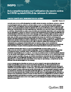 Avis complémentaire sur l’utilisation du vaccin contre la COVID-19 Ad26.COV2.S de Johnson & Johnson