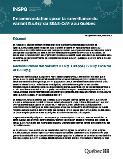 Recommandations pour la surveillance du variant B.1.617 du SRAS-CoV-2 au Québec